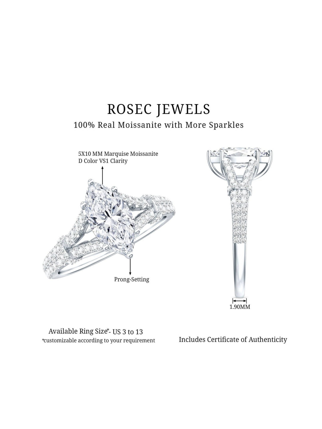 1 Carat Marquise Cut Lab Grown Diamond Split Shank Engagement Ring with IGI Certificate - Courbe et Compagnie