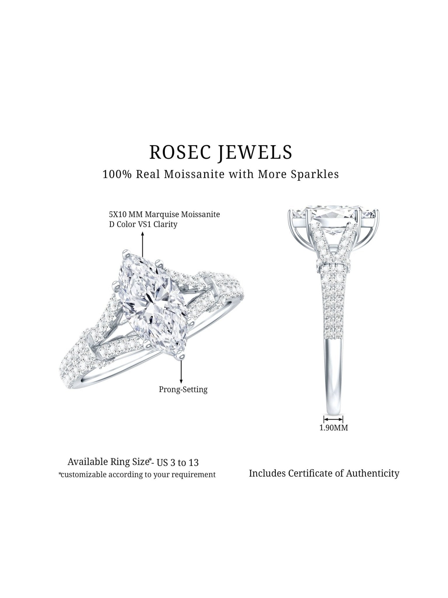1 Carat Marquise Cut Lab Grown Diamond Split Shank Engagement Ring with IGI Certificate - Courbe et Compagnie