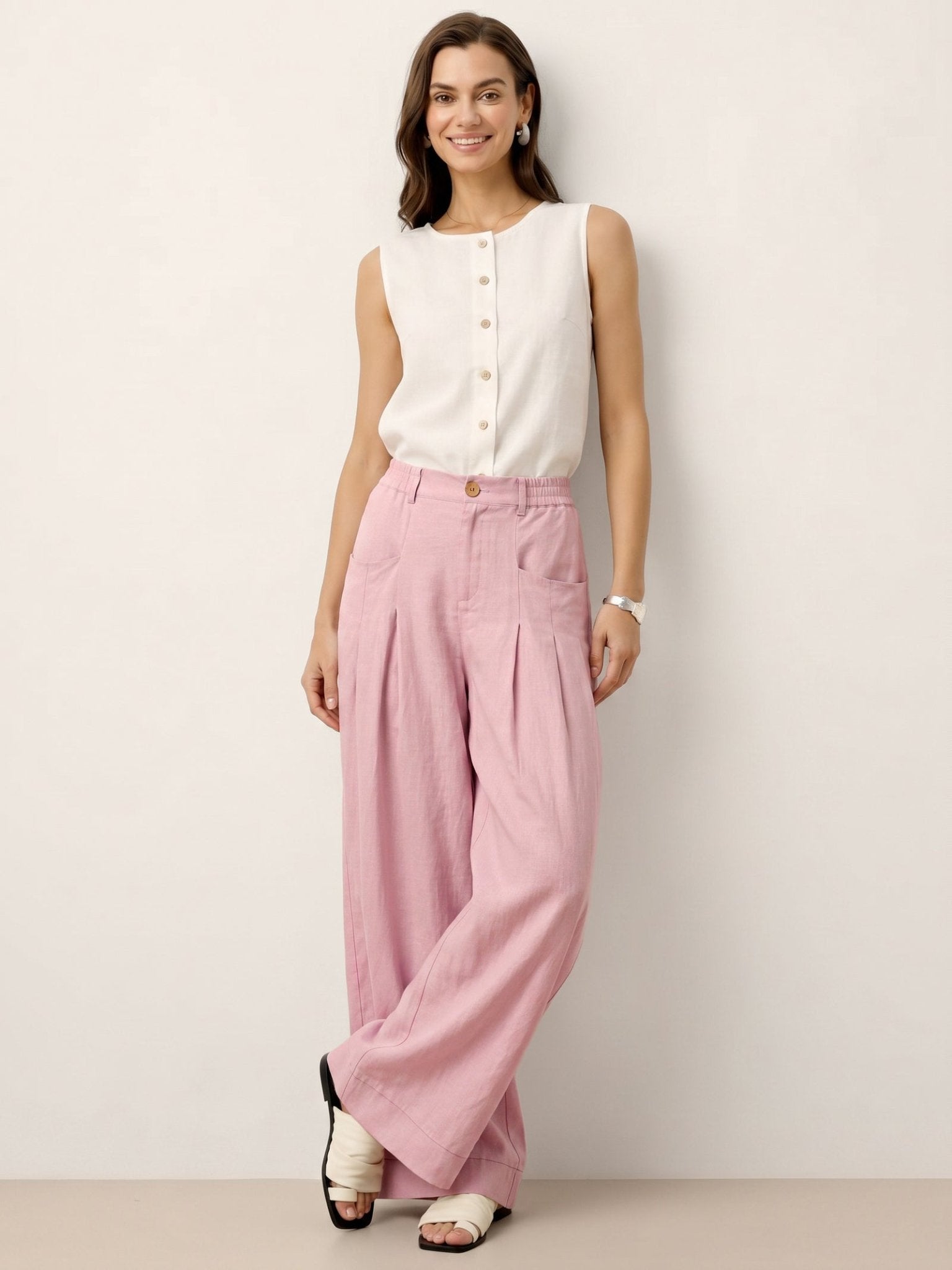 100% Linen Sculpted Pleat Elasticated Back Relaxed Pants VERIDIANA - Courbe et Compagnie