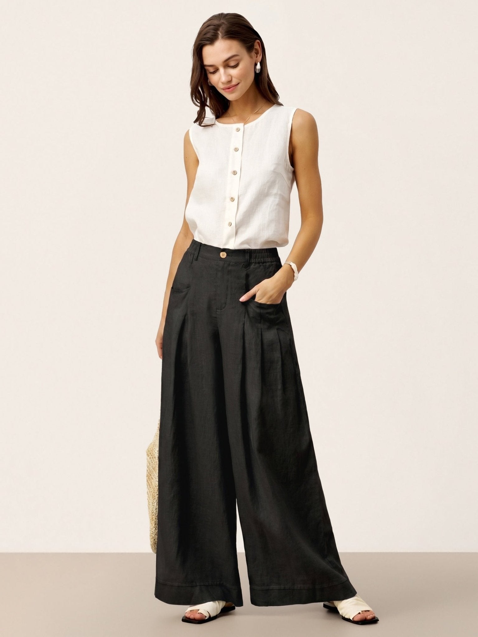 100% Linen Sculpted Pleat Elasticated Back Relaxed Pants VERIDIANA - Courbe et Compagnie