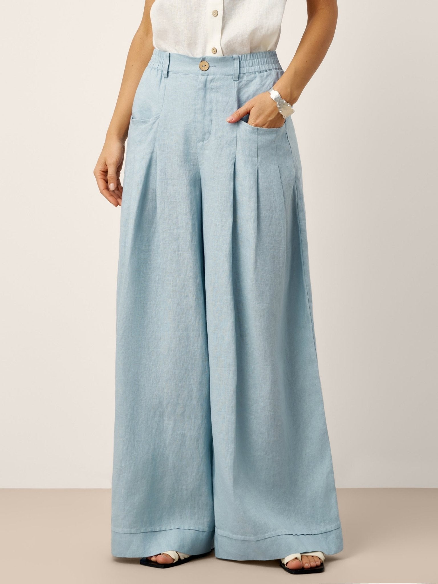 100% Linen Sculpted Pleat Elasticated Back Relaxed Pants VERIDIANA - Courbe et Compagnie