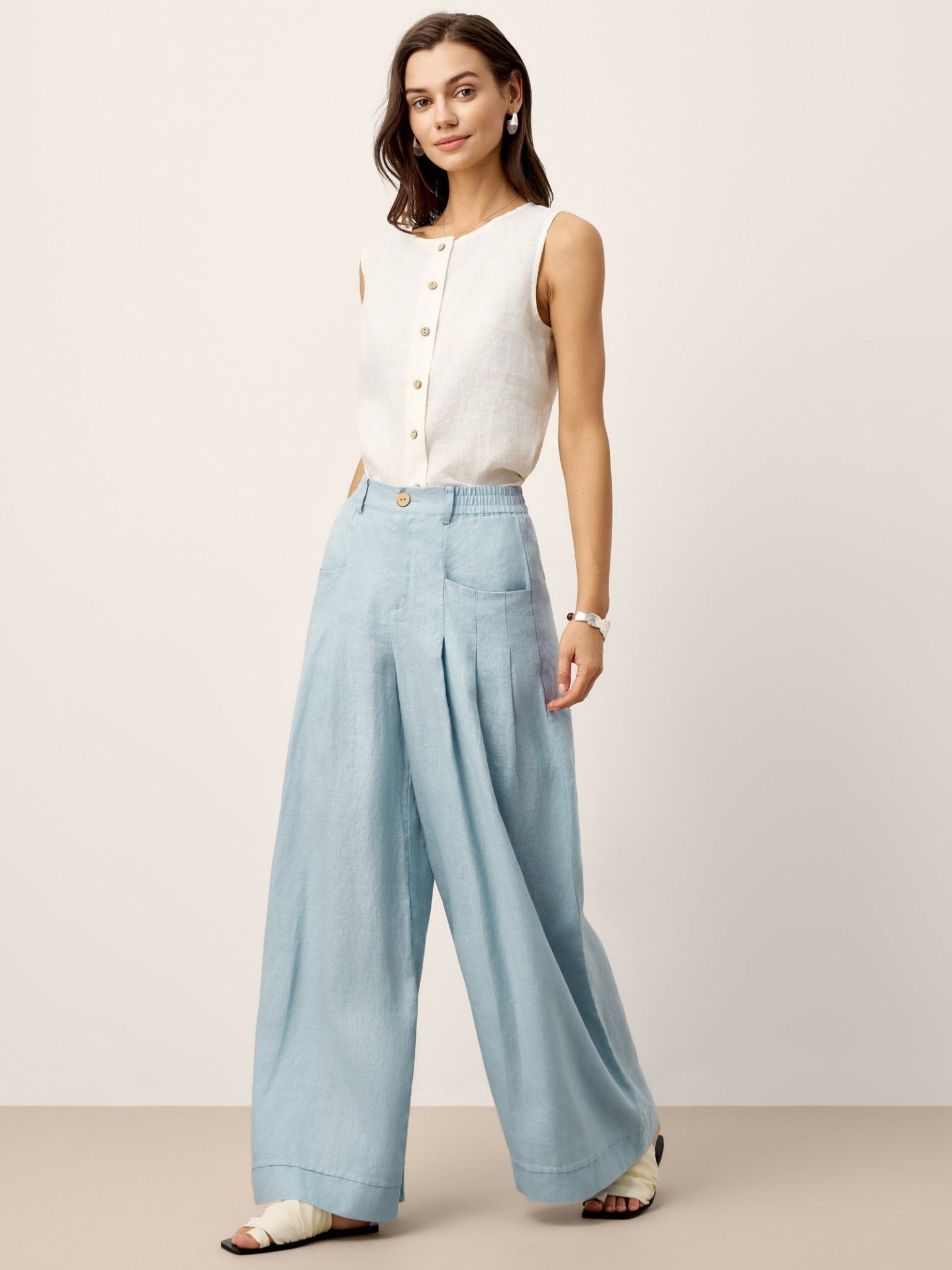 100% Linen Sculpted Pleat Elasticated Back Relaxed Pants VERIDIANA - Courbe et Compagnie