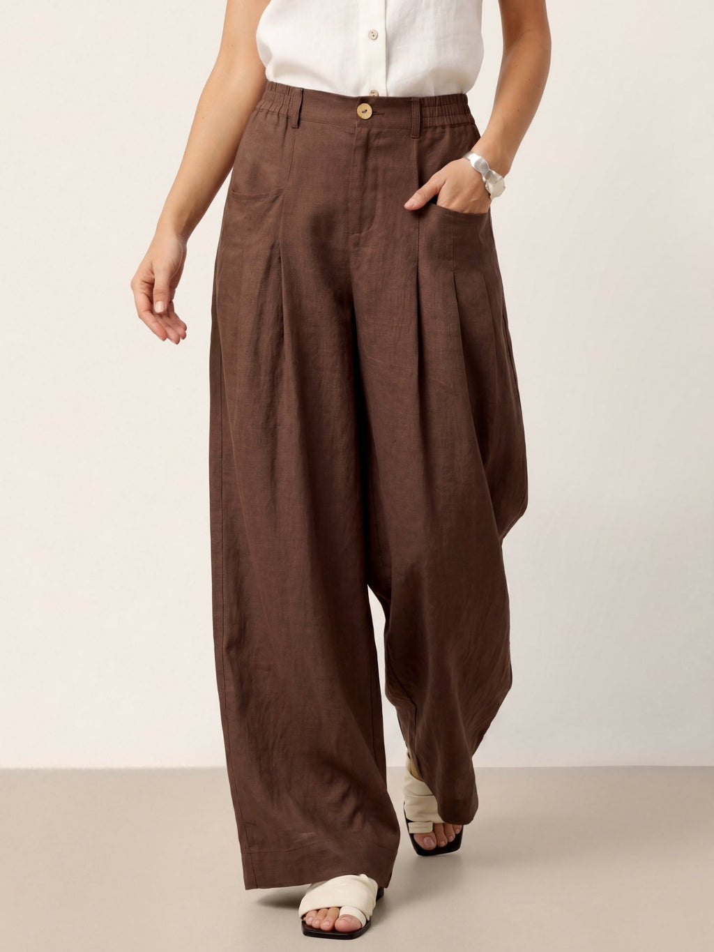 100% Linen Sculpted Pleat Elasticated Back Relaxed Pants VERIDIANA - Courbe et Compagnie