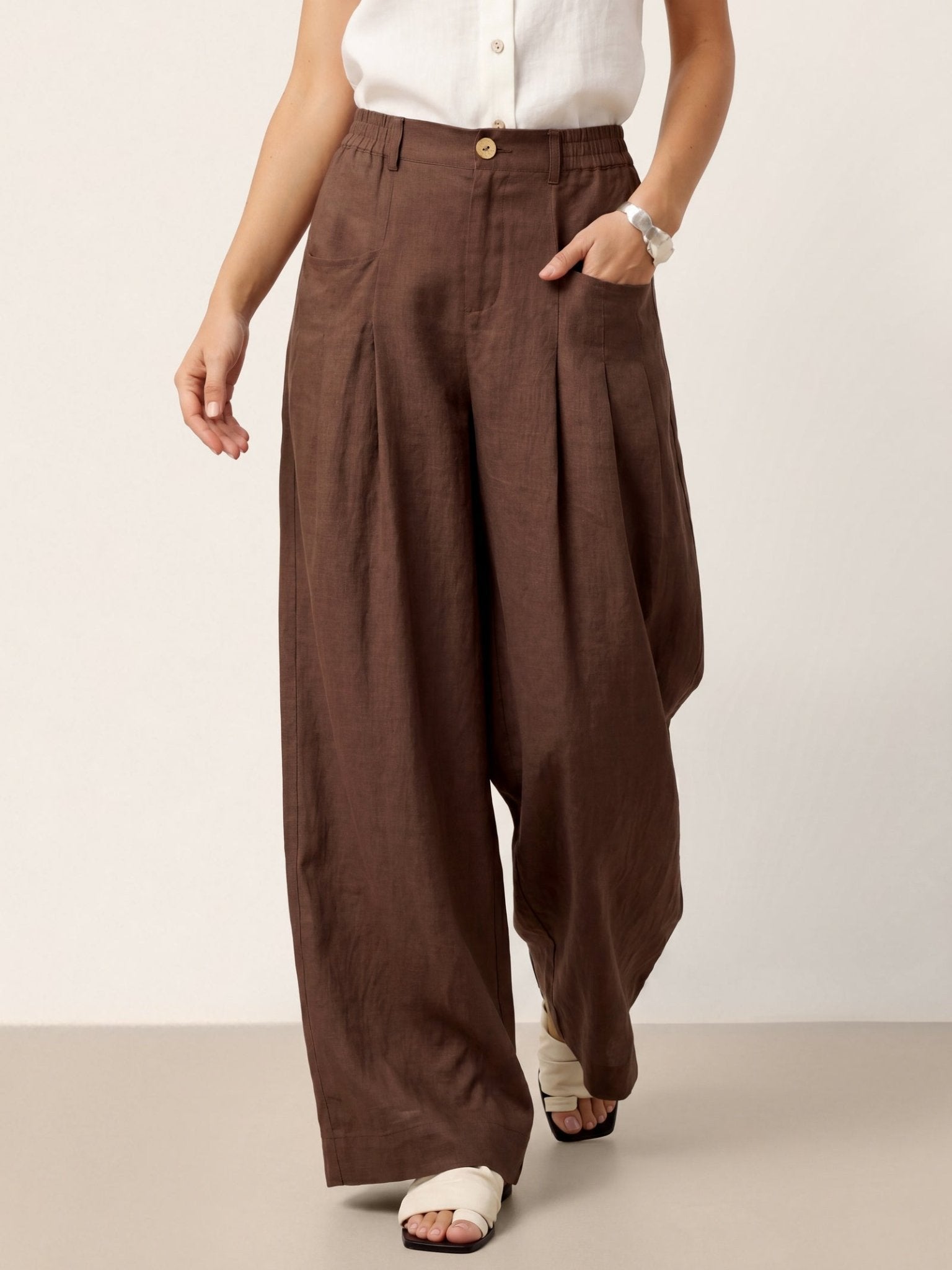 100% Linen Sculpted Pleat Elasticated Back Relaxed Pants VERIDIANA - Courbe et Compagnie