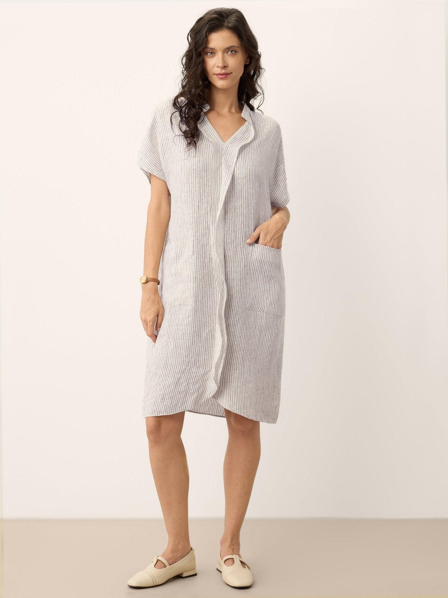 100% Linen Striped Ruffle Placket Shirt Dress GLORIA - Courbe et Compagnie