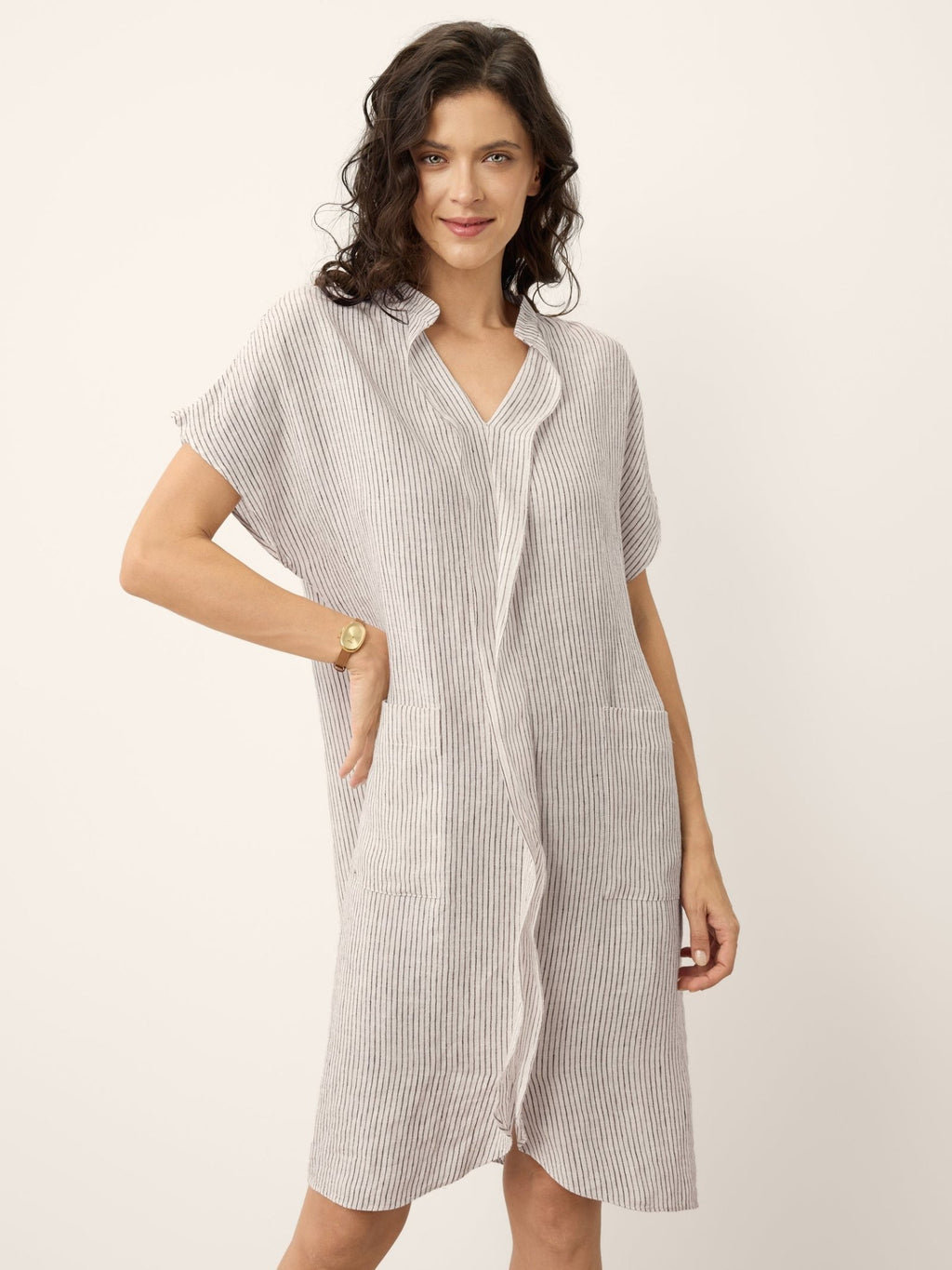 100% Linen Striped Ruffle Placket Shirt Dress GLORIA - Courbe et Compagnie