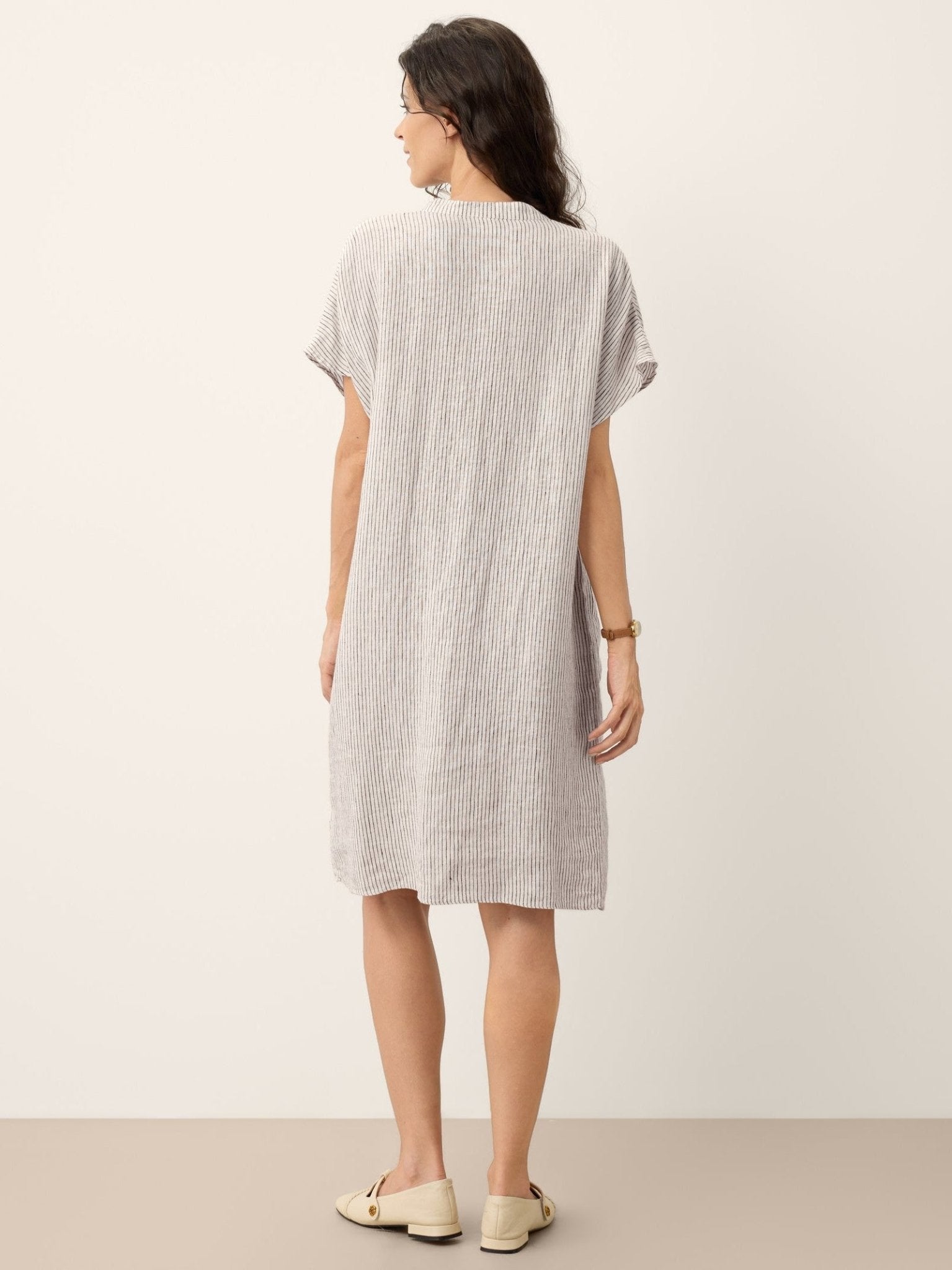 100% Linen Striped Ruffle Placket Shirt Dress GLORIA - Courbe et Compagnie