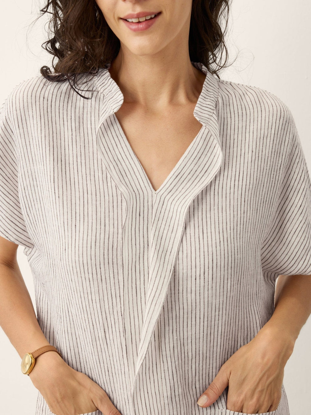 100% Linen Striped Ruffle Placket Shirt Dress GLORIA - Courbe et Compagnie