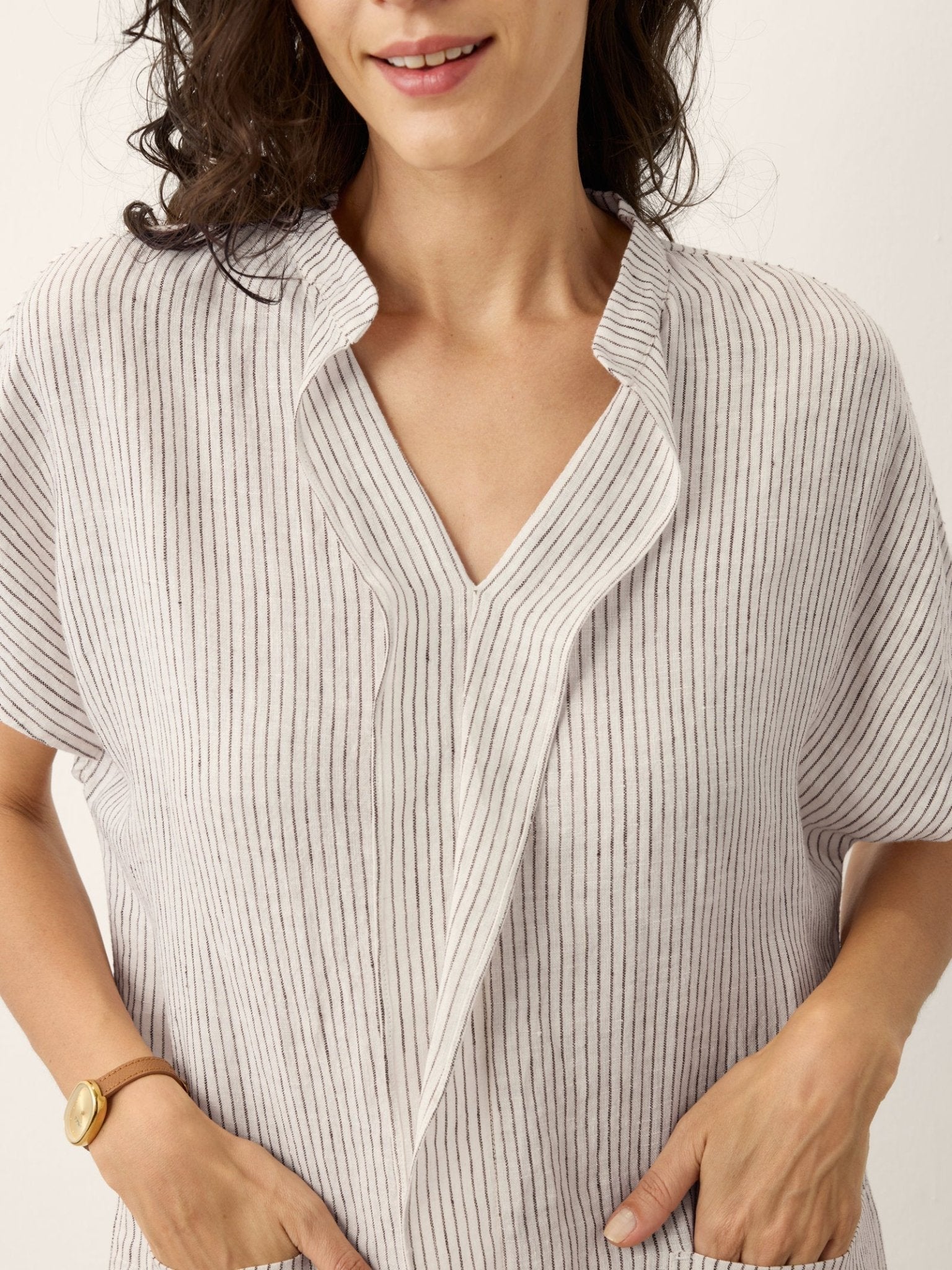 100% Linen Striped Ruffle Placket Shirt Dress GLORIA - Courbe et Compagnie