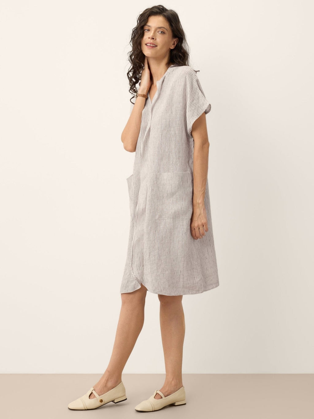 100% Linen Striped Ruffle Placket Shirt Dress GLORIA - Courbe et Compagnie