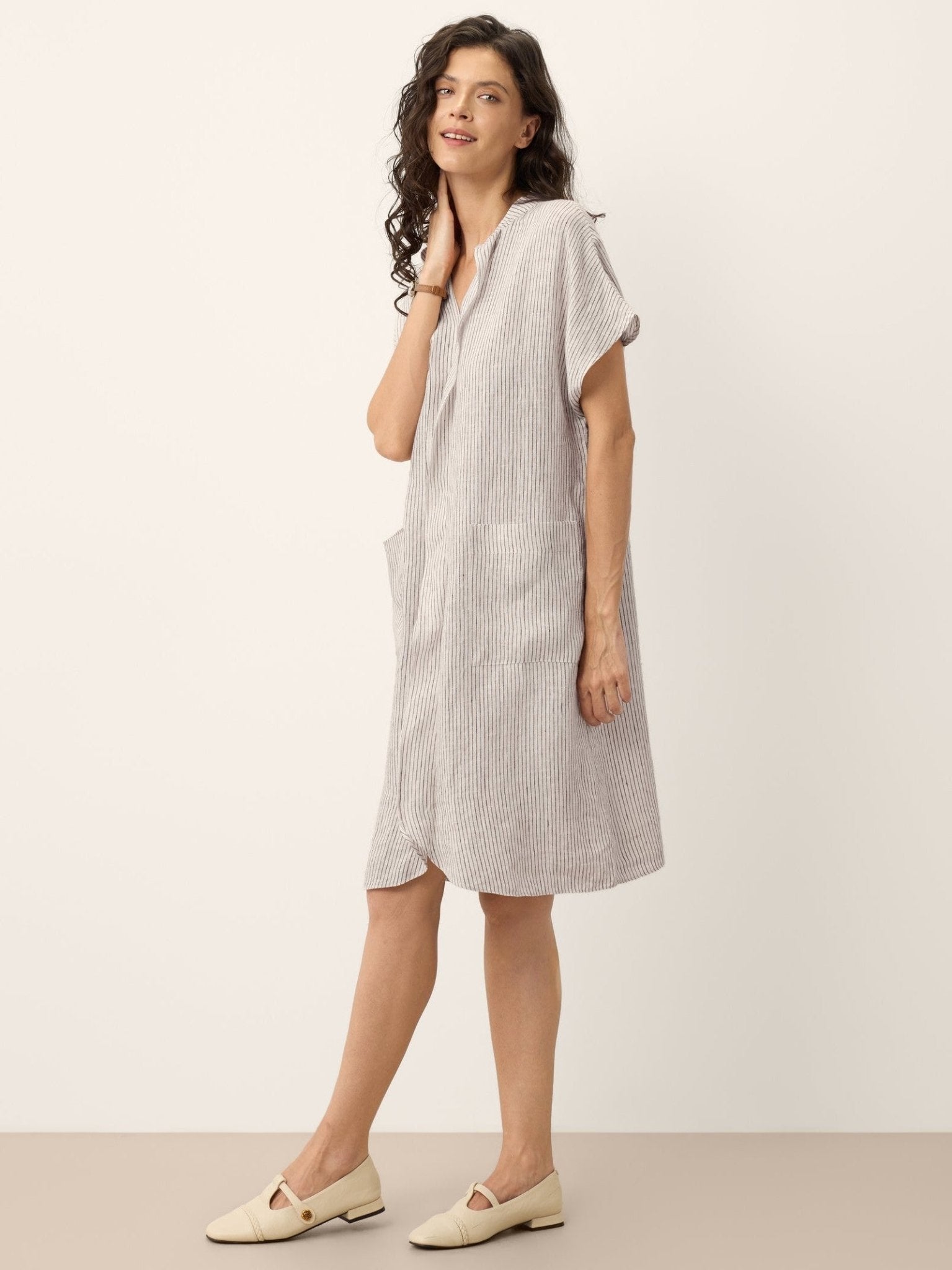 100% Linen Striped Ruffle Placket Shirt Dress GLORIA - Courbe et Compagnie