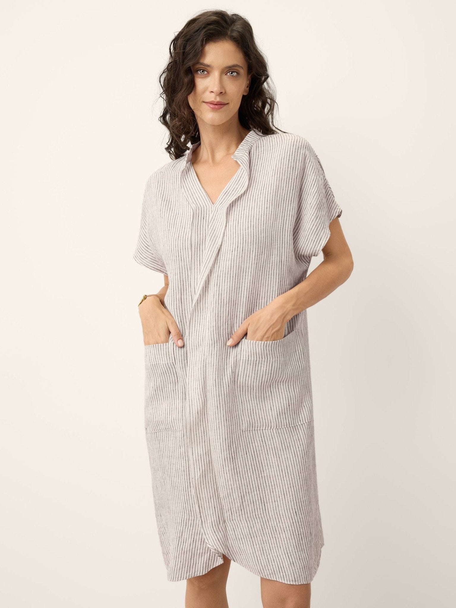 100% Linen Striped Ruffle Placket Shirt Dress GLORIA - Courbe et Compagnie