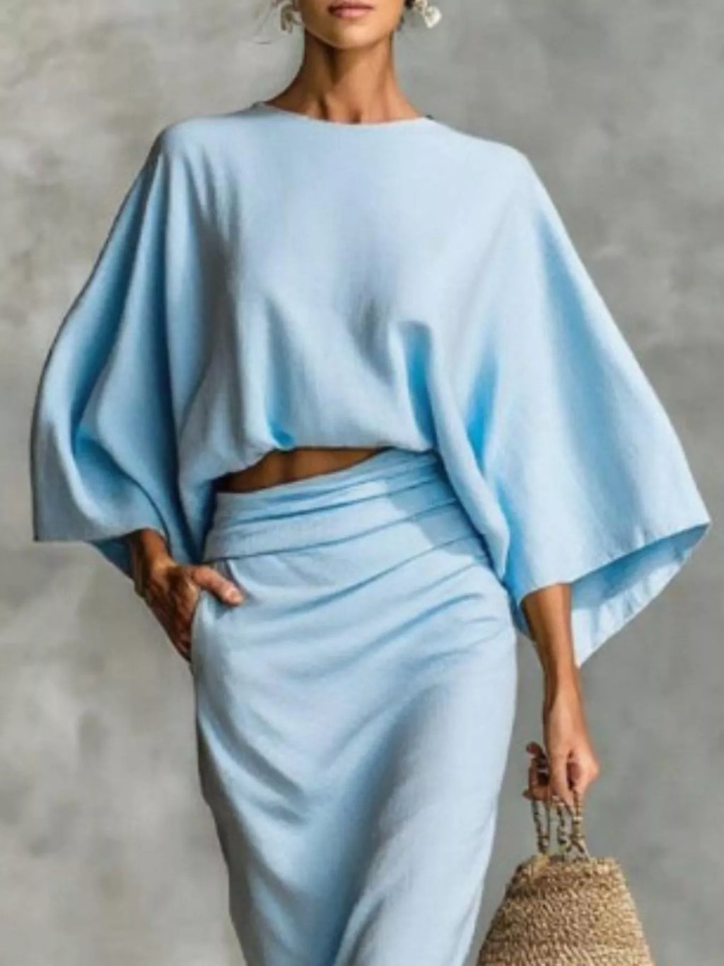 Full Size Kimono Sleeve Top and Ruched Skirt Set Plus Size See size chart under “more details”