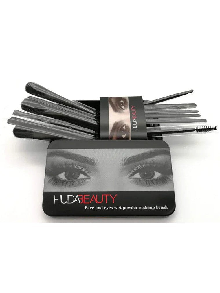 12 Piece Makeup Brush Set With Iron Box Wooden Handles Rayon Bristles - Courbe et Compagnie