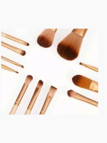 12 Piece Makeup Brush Set With Iron Box Wooden Handles Rayon Bristles - Courbe et Compagnie