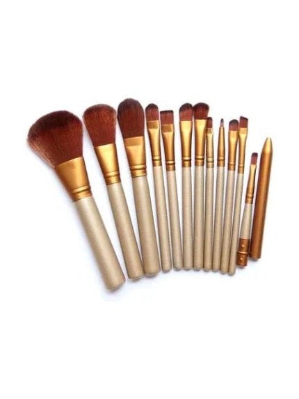 12 Piece Makeup Brush Set With Iron Box Wooden Handles Rayon Bristles - Courbe et Compagnie