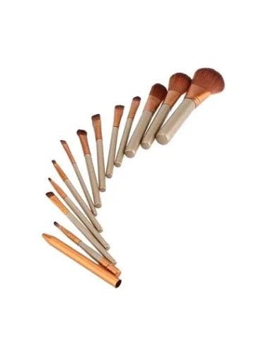 12 Piece Makeup Brush Set With Iron Box Wooden Handles Rayon Bristles - Courbe et Compagnie