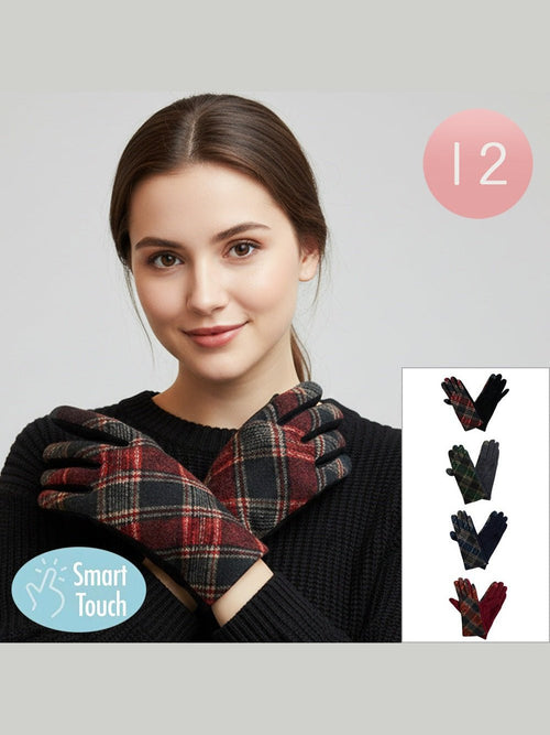 12Pairs - Plaid Pattern Smart Touch Winter Gloves - Courbe et Compagnie