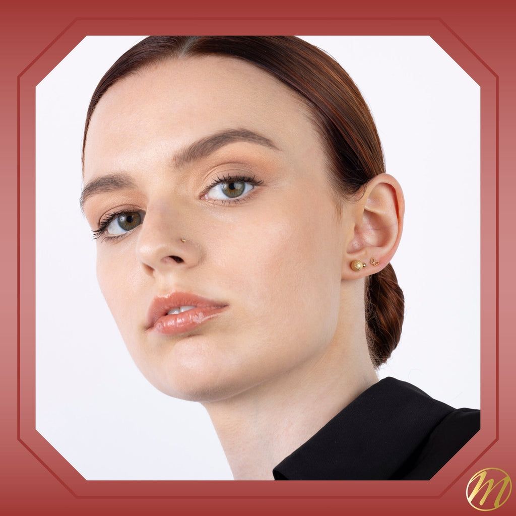 14k Yellow Gold Filigree Butterfly Stud Earrings with Diamond Center and Secure Screwback Closure - Courbe et Compagnie