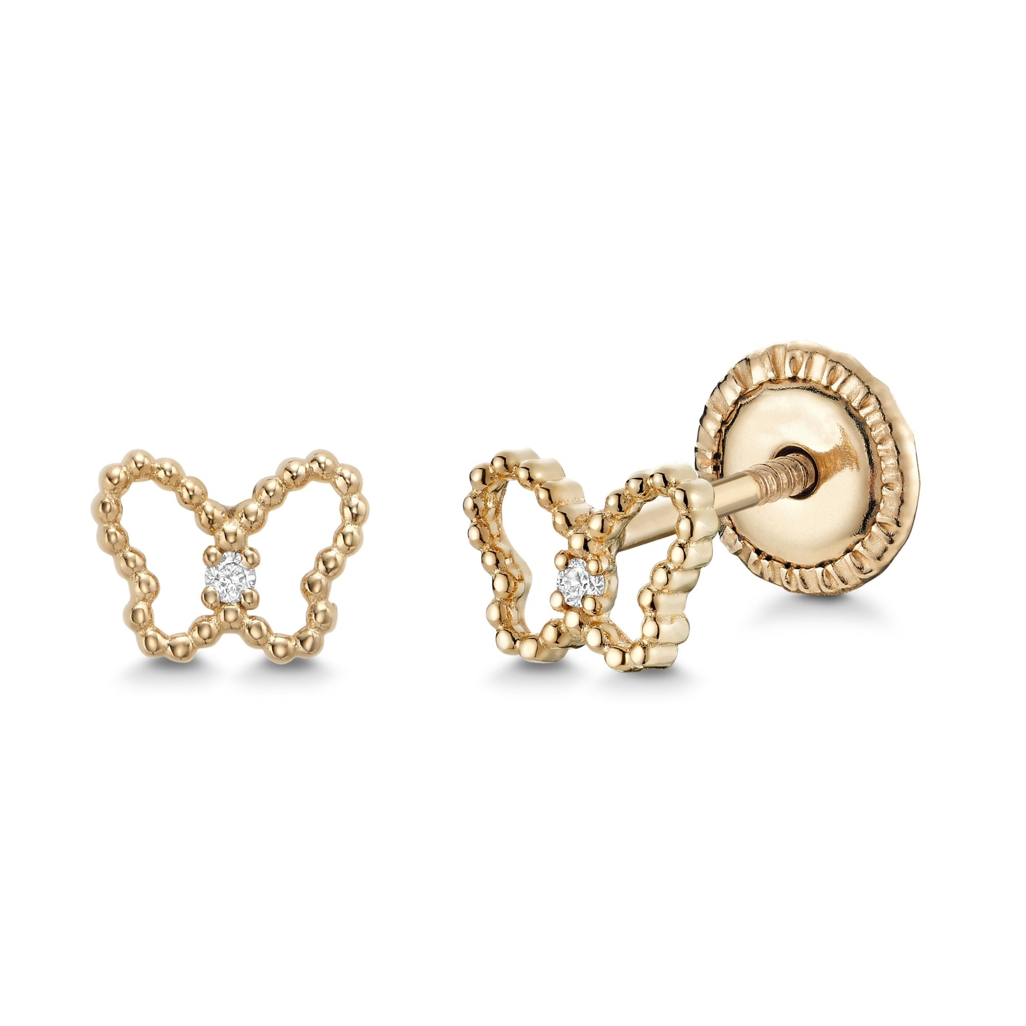14k Yellow Gold Filigree Butterfly Stud Earrings with Diamond Center and Secure Screwback Closure - Courbe et Compagnie