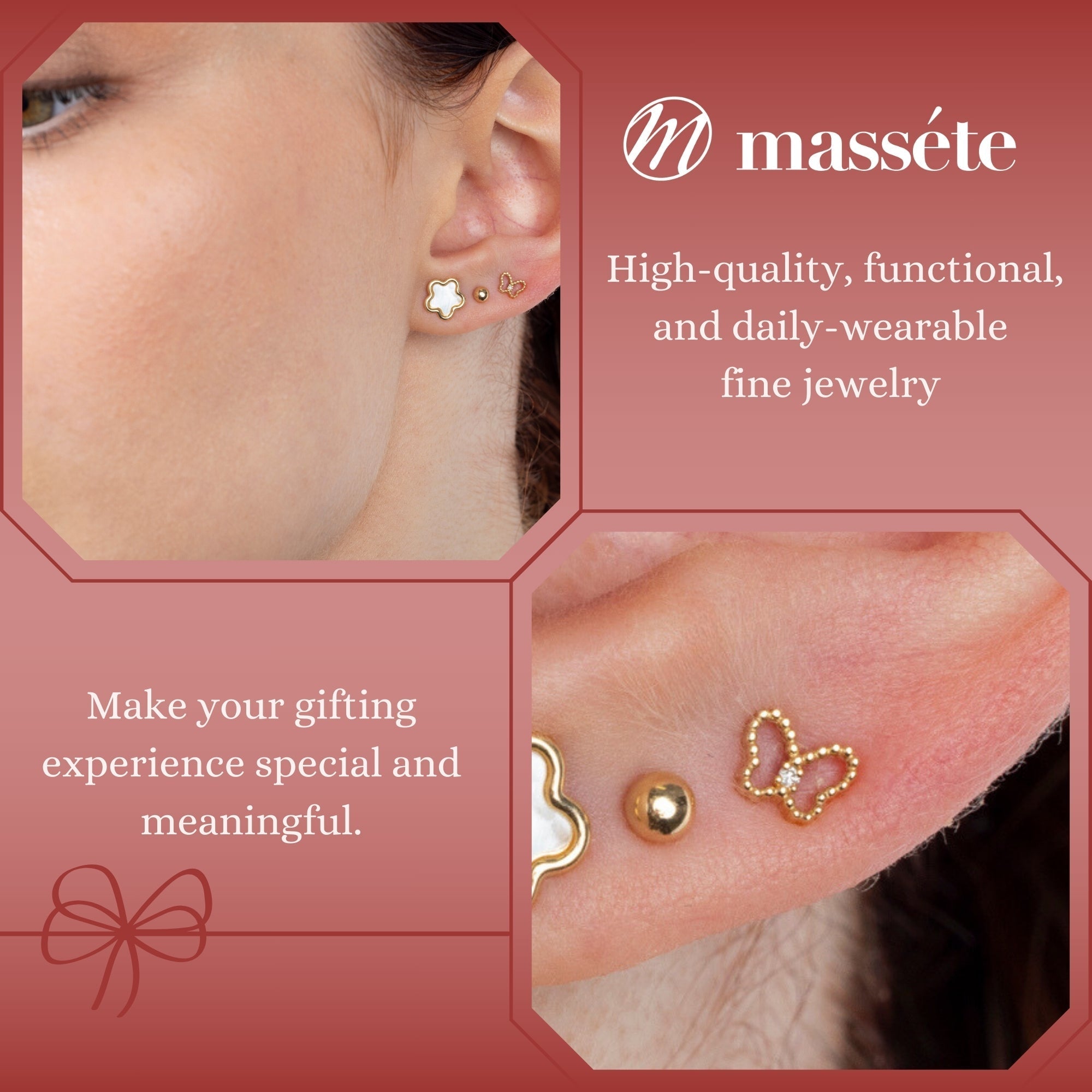 14k Yellow Gold Filigree Butterfly Stud Earrings with Diamond Center and Secure Screwback Closure - Courbe et Compagnie