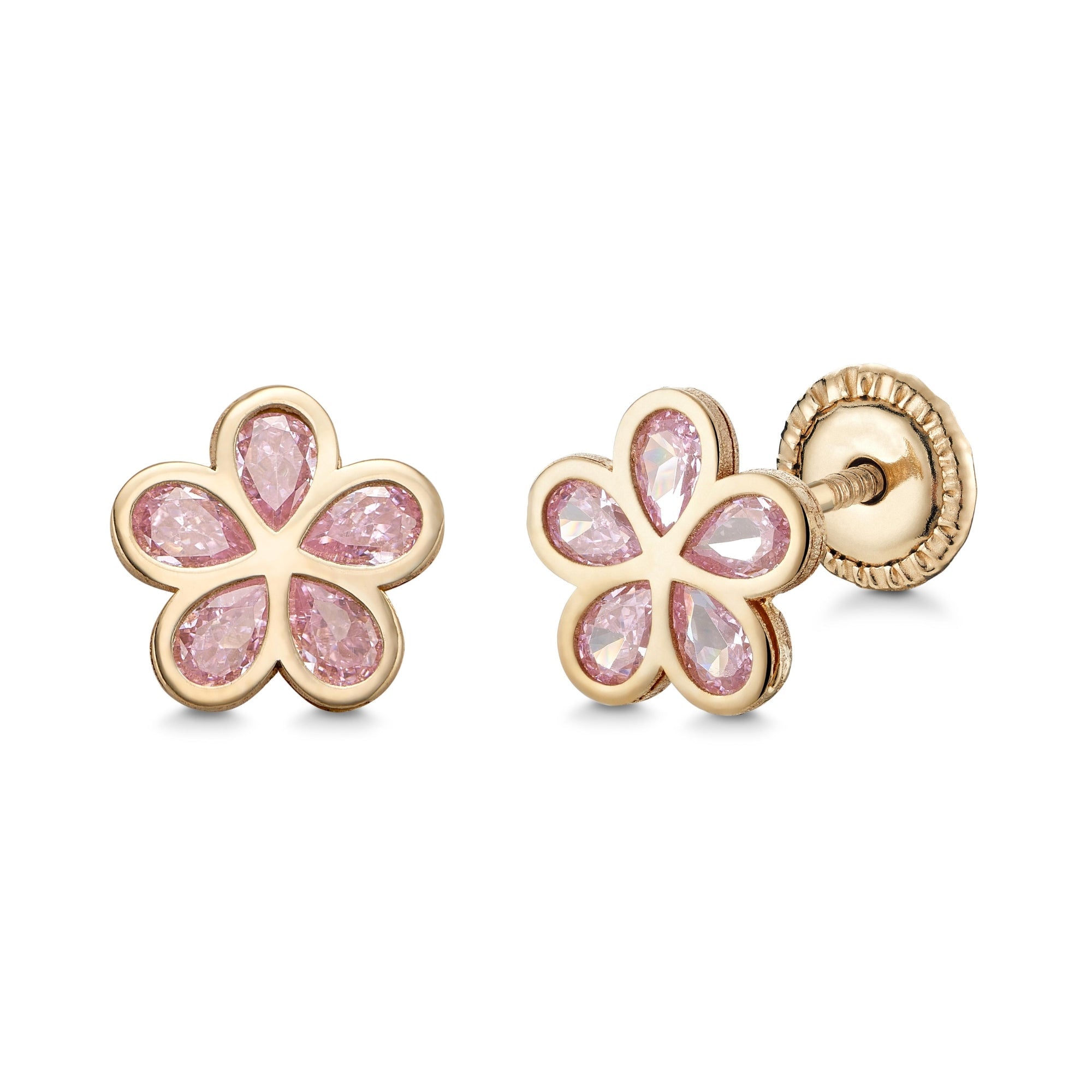 14k Yellow Gold Flower Stud Earrings with Simulated Pink Gemstone, Covered Screwback Closure for Girls and Women - Courbe et Compagnie