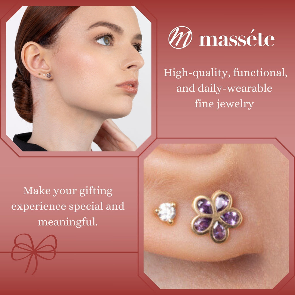 14k Yellow Gold Flower Stud Earrings with Simulated Pink Gemstone, Covered Screwback Closure for Girls and Women - Courbe et Compagnie