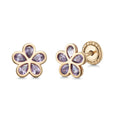 14k Yellow Gold Flower Stud Earrings with Simulated Pink Gemstone, Covered Screwback Closure for Girls and Women - Courbe et Compagnie