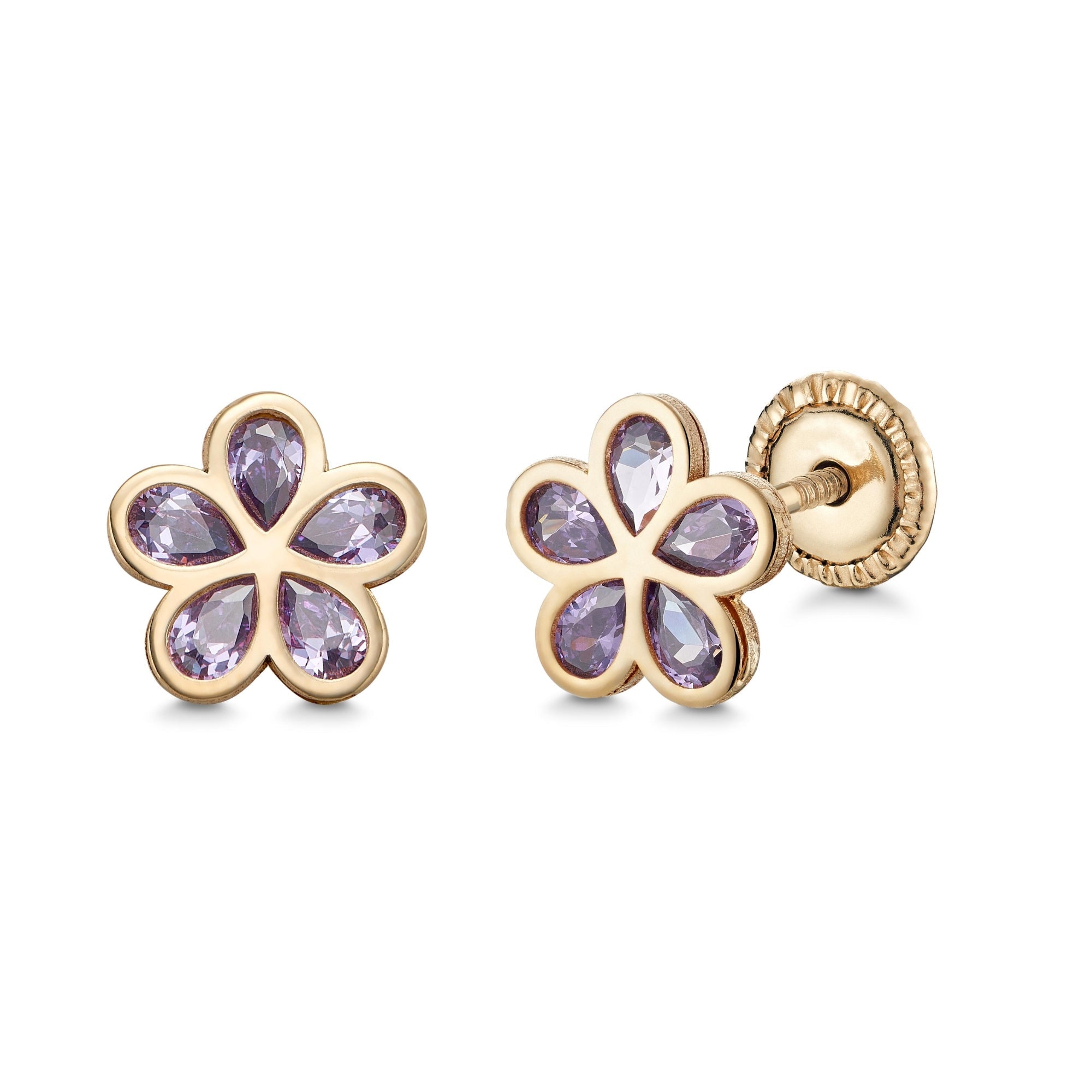 14k Yellow Gold Flower Stud Earrings with Simulated Pink Gemstone, Covered Screwback Closure for Girls and Women - Courbe et Compagnie