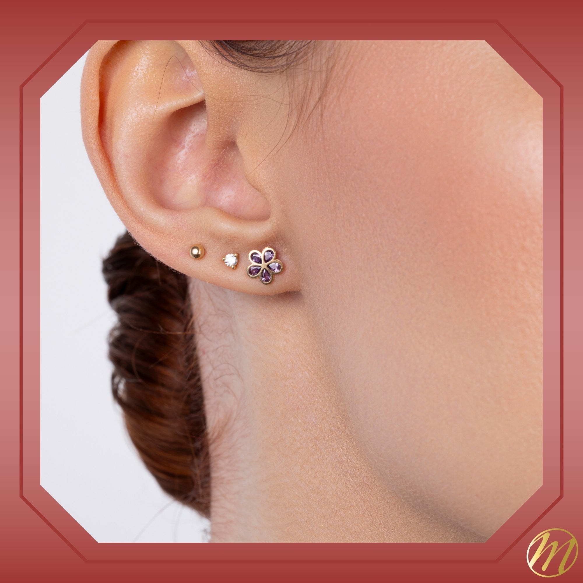 14k Yellow Gold Flower Stud Earrings with Simulated Pink Gemstone, Covered Screwback Closure for Girls and Women - Courbe et Compagnie