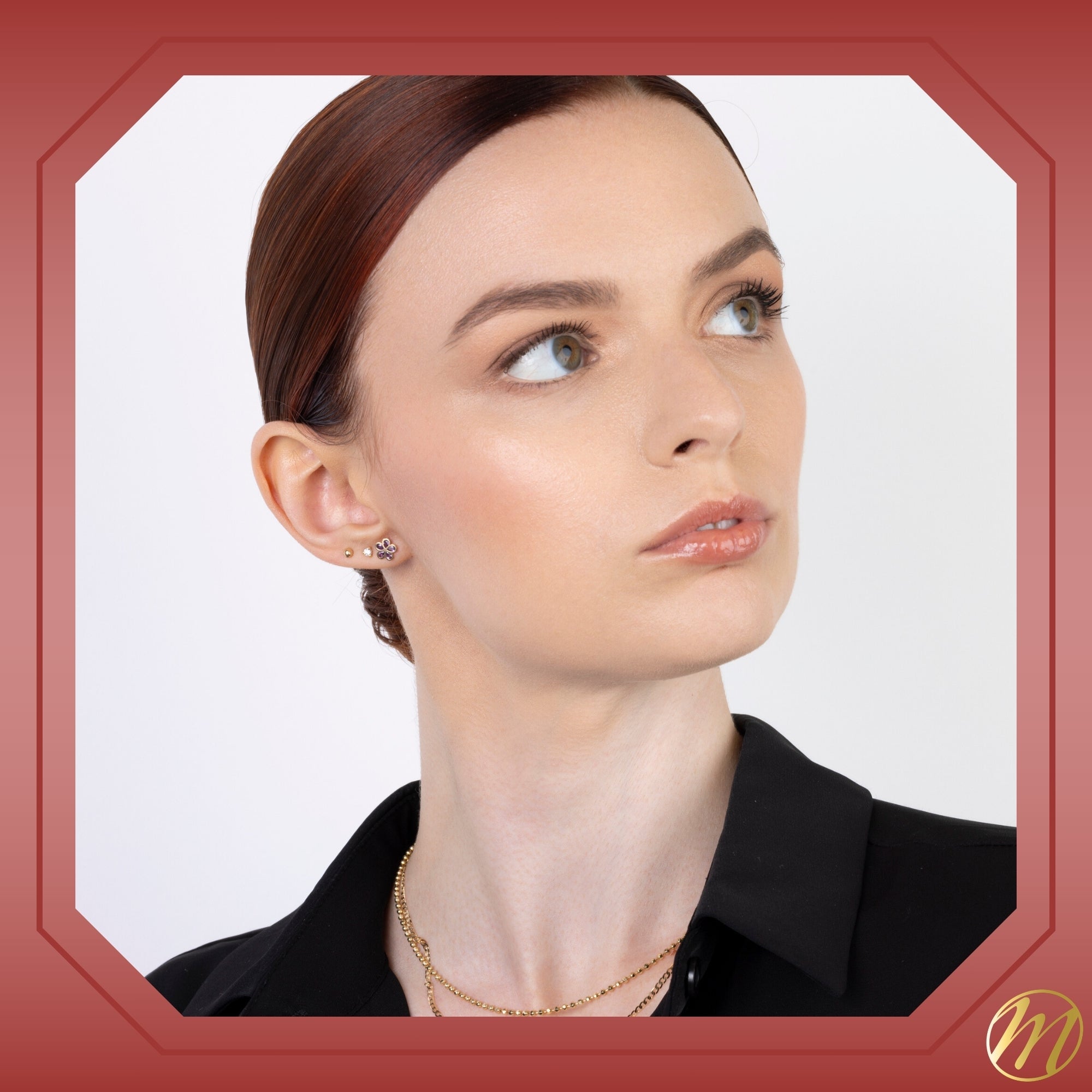 14k Yellow Gold Flower Stud Earrings with Simulated Pink Gemstone, Covered Screwback Closure for Girls and Women - Courbe et Compagnie