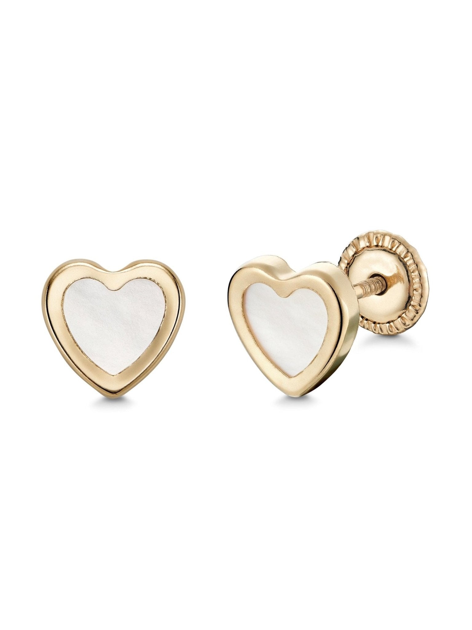 14k Yellow Gold Heart Stud Earrings with Mother of Pearl - Covered Screwback Closure for Women and Girls - Courbe et Compagnie