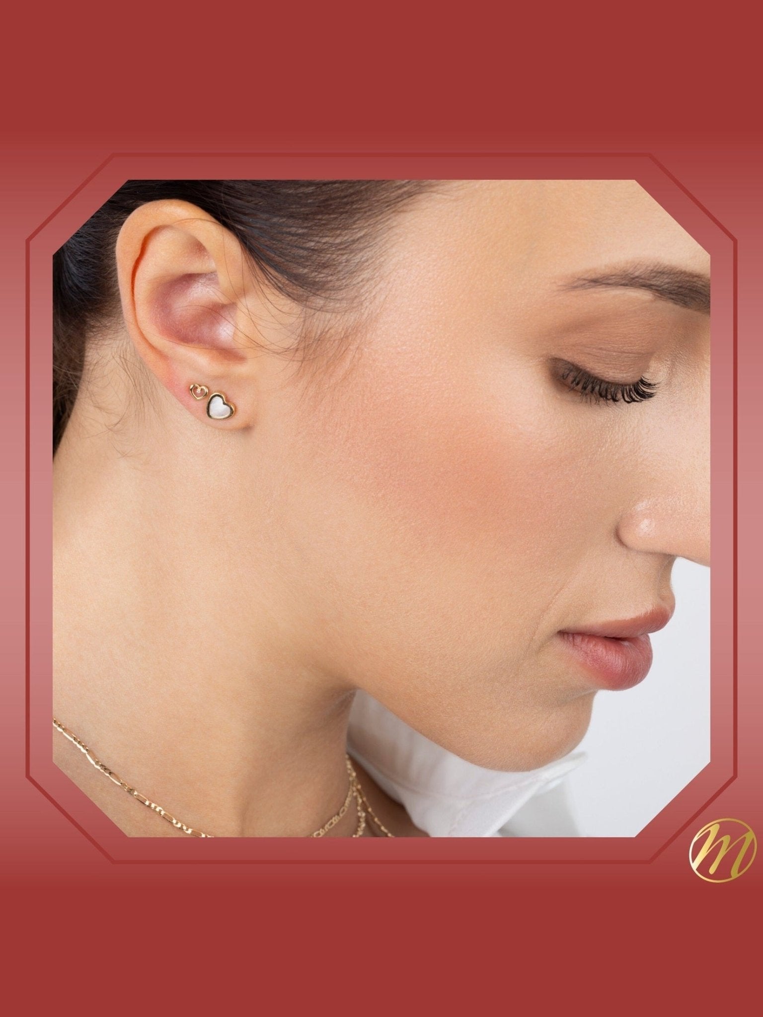 14k Yellow Gold Heart Stud Earrings with Mother of Pearl - Covered Screwback Closure for Women and Girls - Courbe et Compagnie