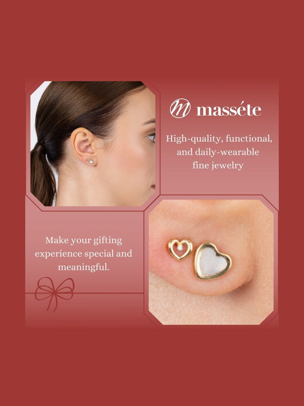 14k Yellow Gold Heart Stud Earrings with Mother of Pearl - Covered Screwback Closure for Women and Girls - Courbe et Compagnie