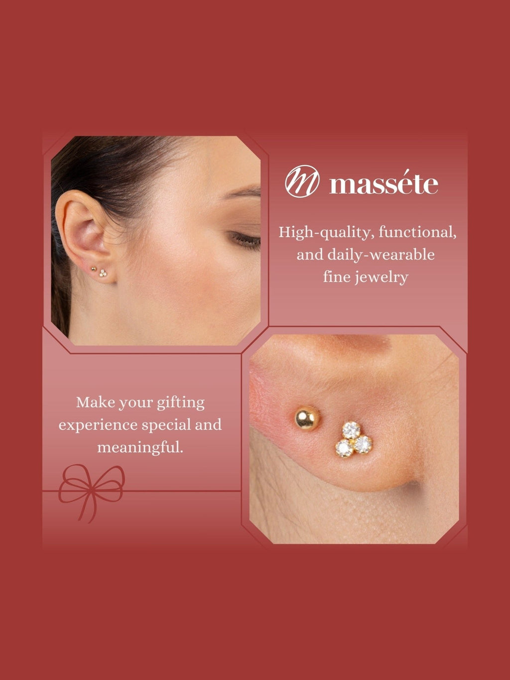 14k Yellow Gold Tiny Trefoil Triangle Stud Earrings with 3 Circles, Covered Screwback Closure for Girls and Women - Courbe et Compagnie