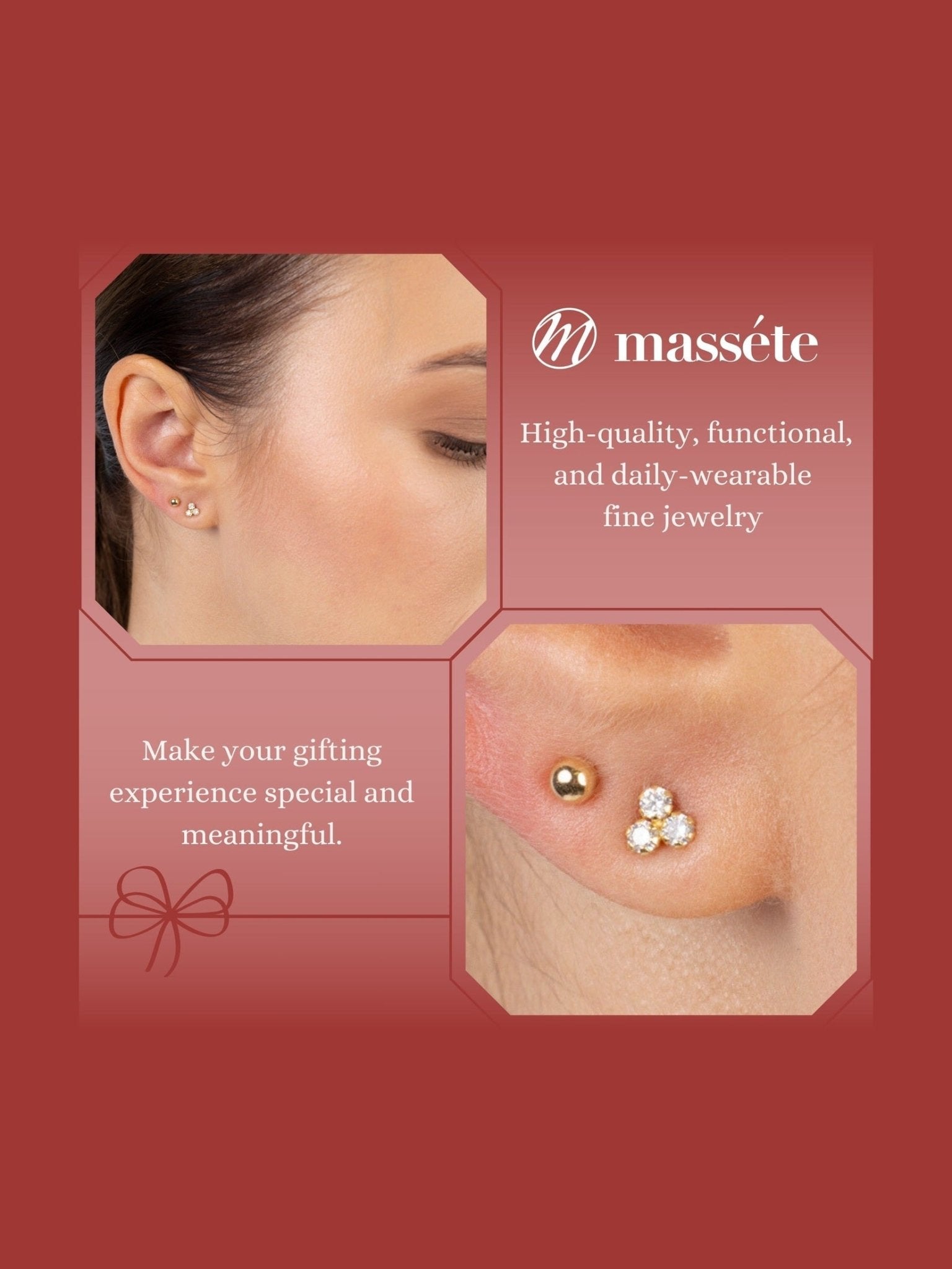 14k Yellow Gold Tiny Trefoil Triangle Stud Earrings with 3 Circles, Covered Screwback Closure for Girls and Women - Courbe et Compagnie