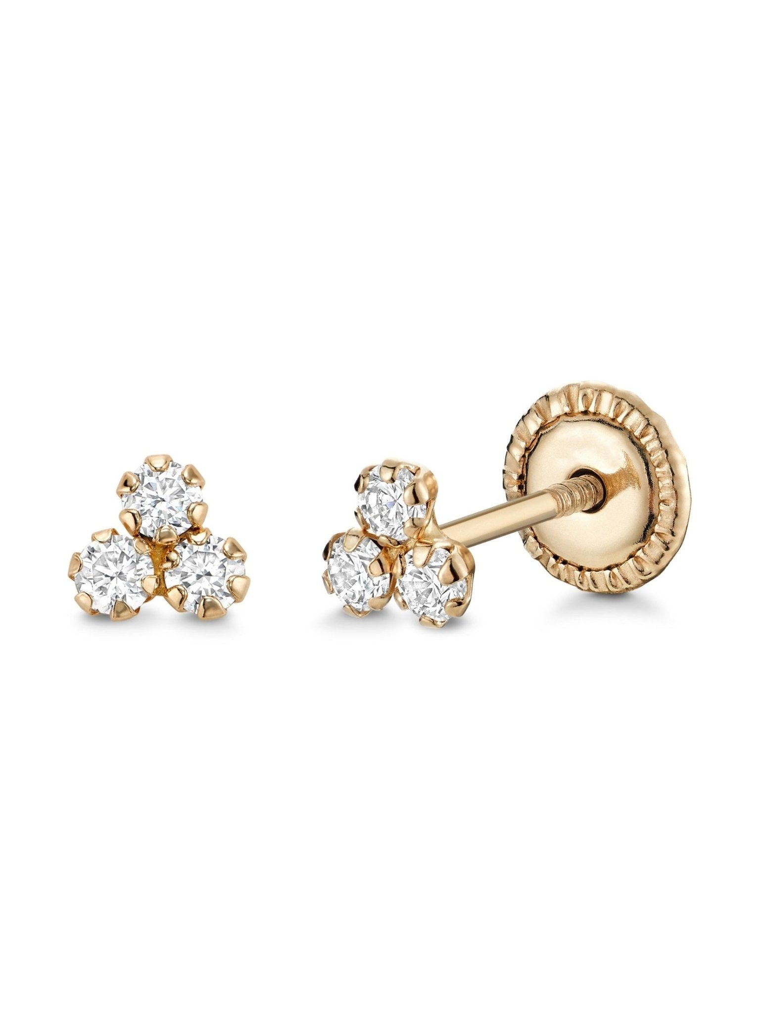 14k Yellow Gold Tiny Trefoil Triangle Stud Earrings with 3 Circles, Covered Screwback Closure for Girls and Women - Courbe et Compagnie