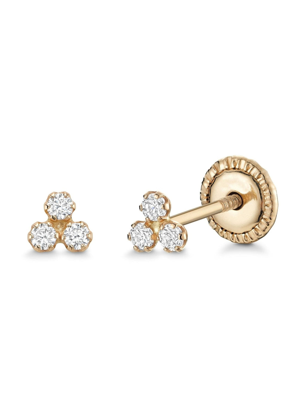 14k Yellow Gold Tiny Trefoil Triangle Stud Earrings with 3 Circles, Covered Screwback Closure for Girls and Women - Courbe et Compagnie