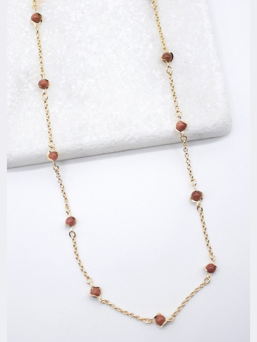 18K Gold Filled 5mm Designed Brown aventurine Bead Necklace (F221) - Courbe et Compagnie