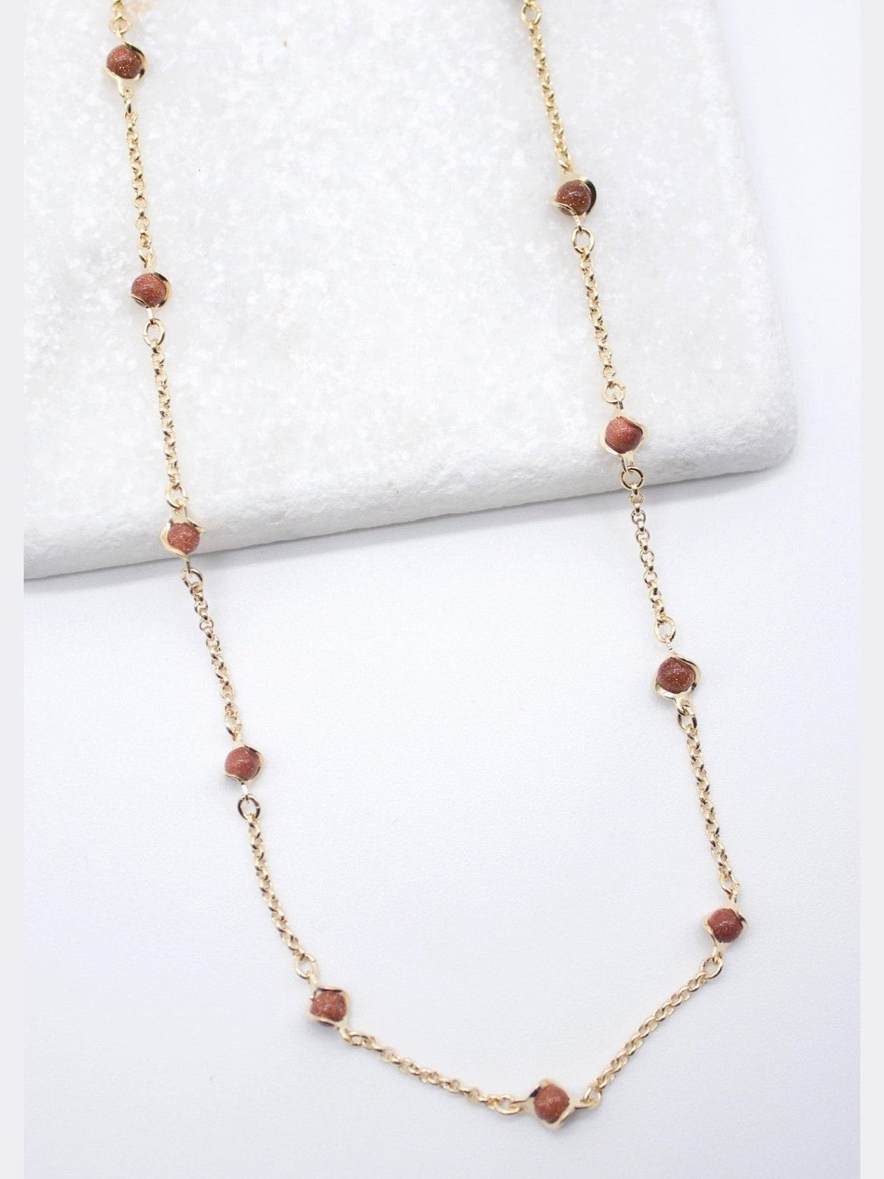 18K Gold Filled 5mm Designed Brown aventurine Bead Necklace (F221) - Courbe et Compagnie