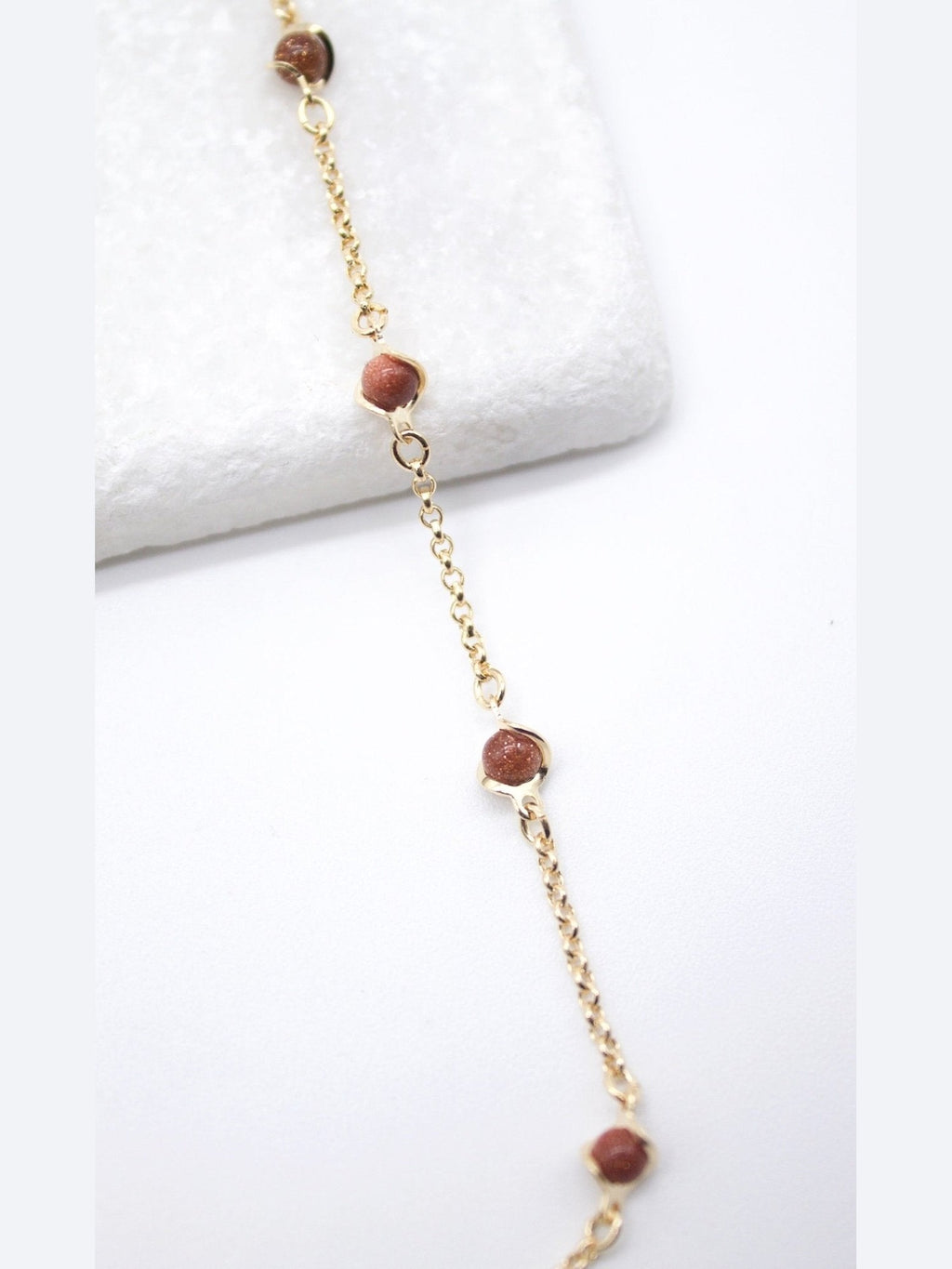 18K Gold Filled 5mm Designed Brown aventurine Bead Necklace (F221) - Courbe et Compagnie