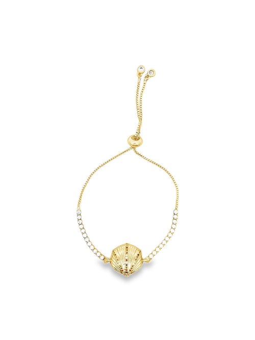 18K Gold Filled Adjustable Box Chain Bracelet With Clear and Multicolor CZ Stones And A Sea Shell Charm (I141) - Courbe et Compagnie