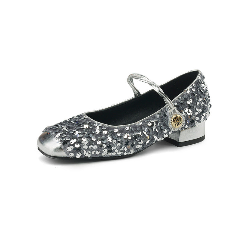 Women's Sequined Peep-Toe Mary Jane Shoes | Low Chunky Heel Buckle Dress Shoes