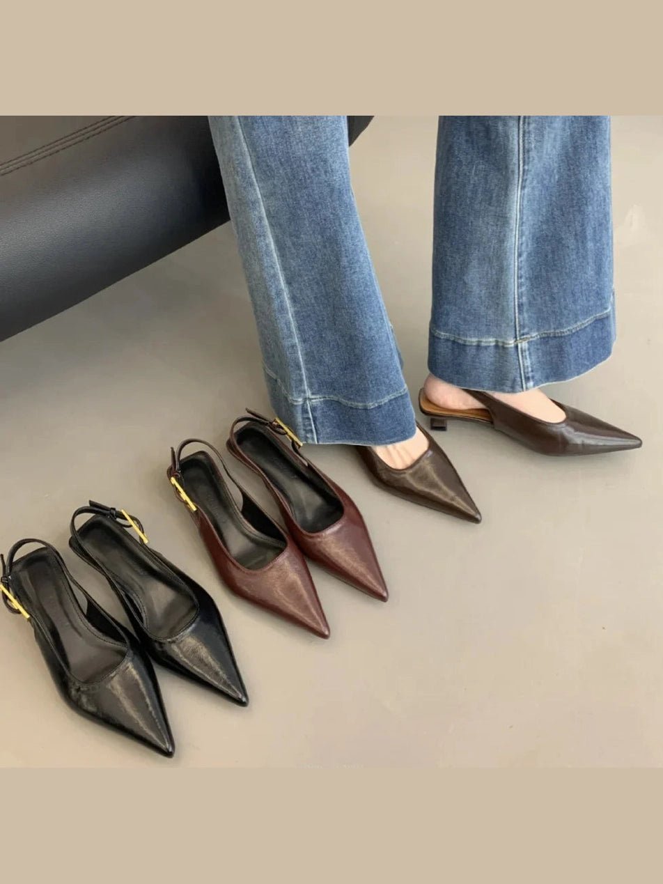 2025 Summer New Women Sandal Fashion Pointed Toe Shallow Slip on Ladies Elegant Slingback Shoes Thin Med Heel Dress Mules Pumps - Courbe et Compagnie