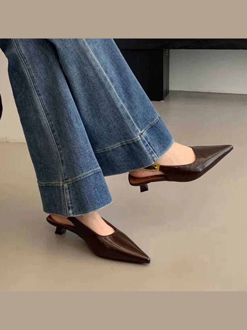 2025 Summer New Women Sandal Fashion Pointed Toe Shallow Slip on Ladies Elegant Slingback Shoes Thin Med Heel Dress Mules Pumps - Courbe et Compagnie