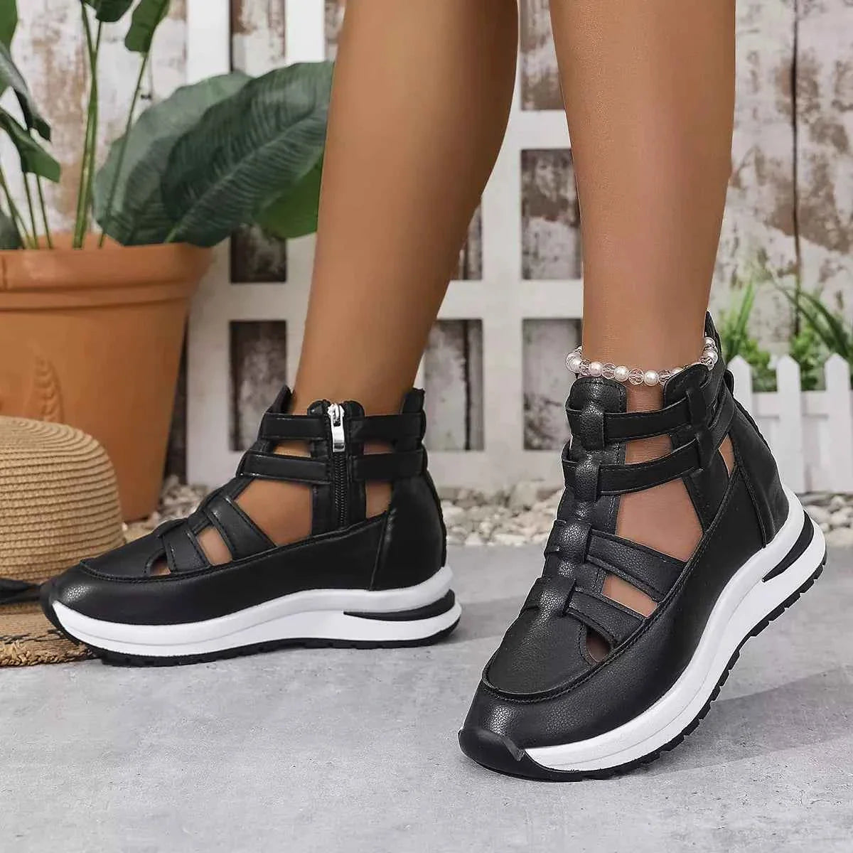 Women's Cutout Platform Sneakers | Low Heel PU Leather Shoes