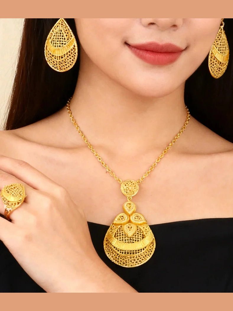 24k gold color party necklace earrings rings set luxury gold jewelry sets for woman wedding party Accessories - Courbe et Compagnie