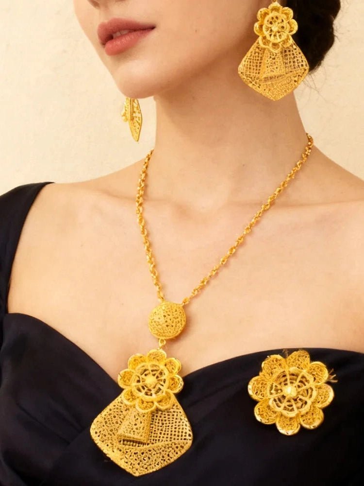 24k gold color party necklace earrings rings set luxury gold jewelry sets for woman wedding party Accessories - Courbe et Compagnie
