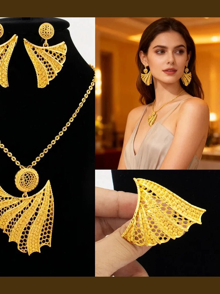 24k gold color party necklace earrings rings set luxury gold jewelry sets for woman wedding party Accessories - Courbe et Compagnie