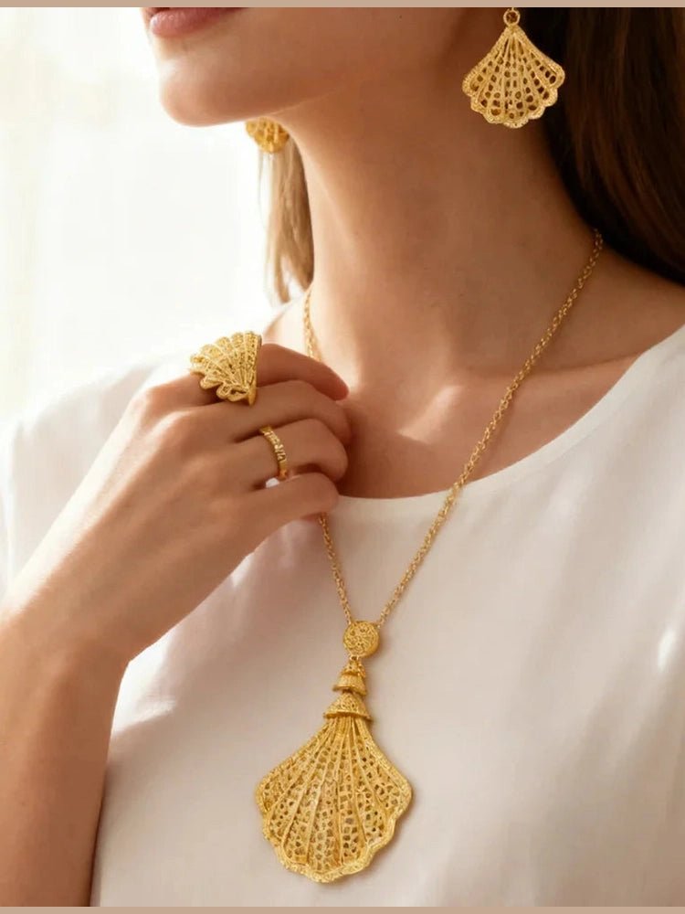 24k gold color party necklace earrings rings set luxury gold jewelry sets for woman wedding party Accessories - Courbe et Compagnie